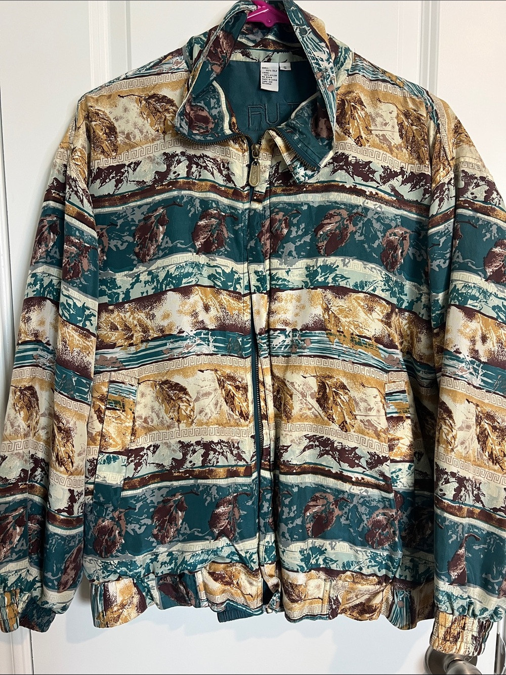100% Silk Vintage Fall Patterned Teal & Brown Zip-Front Track Sat